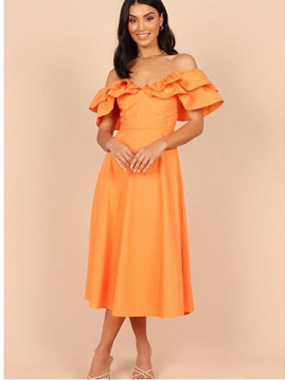 Petal & Pup Cabo Frill Ruffle off the shoulder Midi Dress in Orange NWT size M